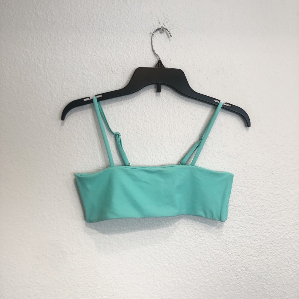 Blue bandeau bikini top with straps